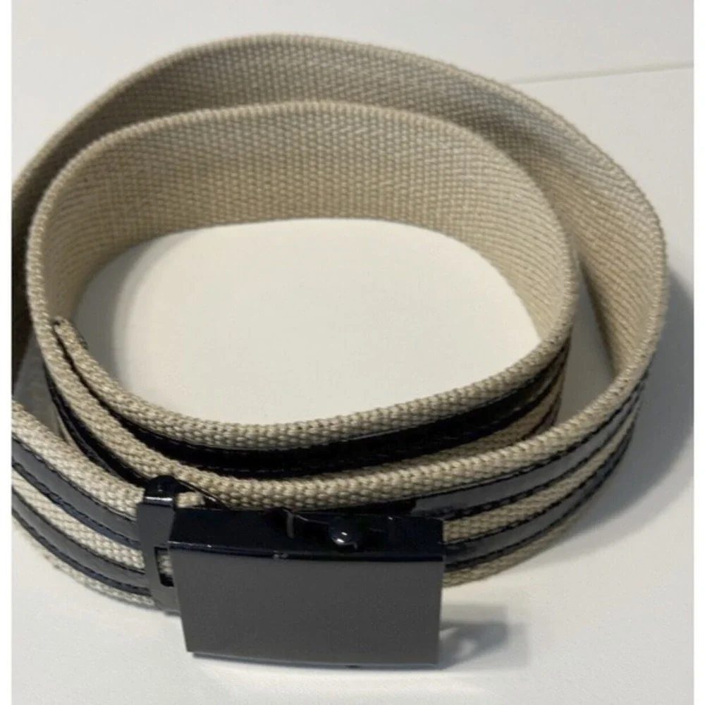 Tan Canvas Web Belt Black Patent Stripes‎ Military Flip Buckle Adjustable 70-19